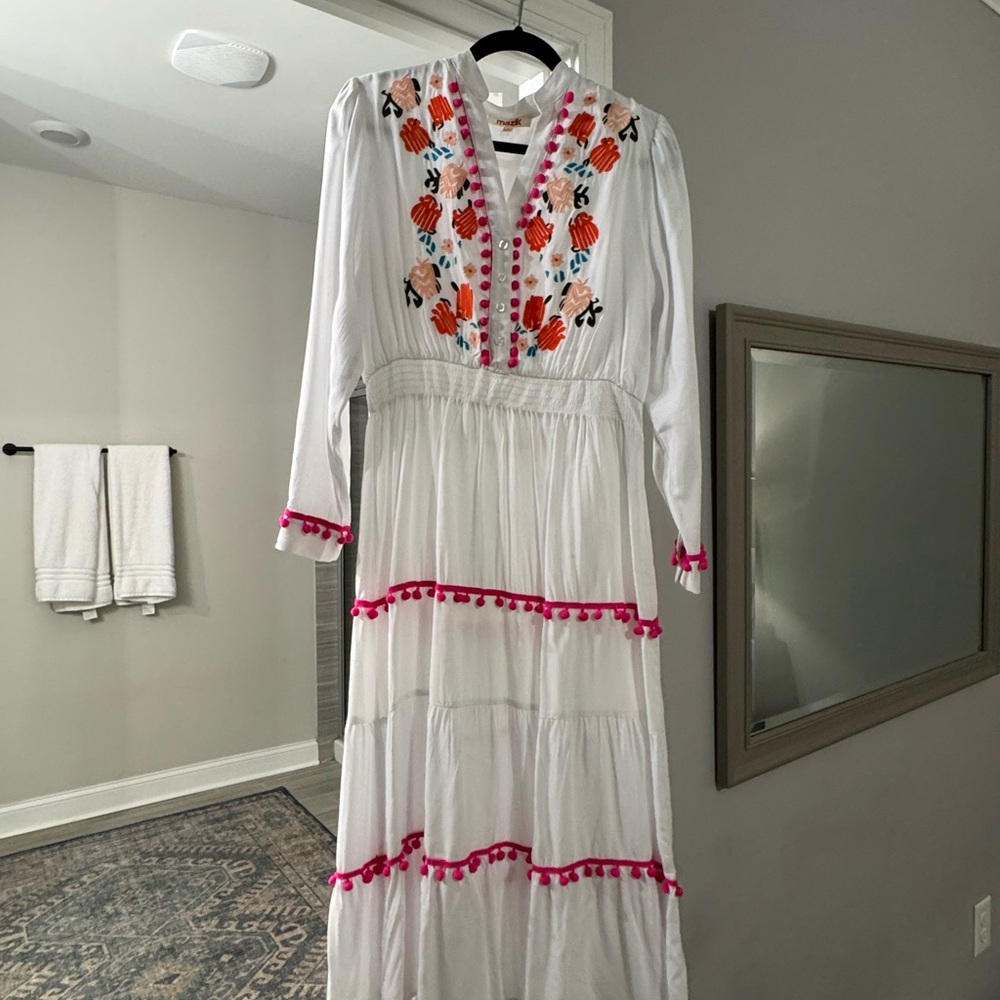 Embroidered White Maxi Dress with Pink Accents